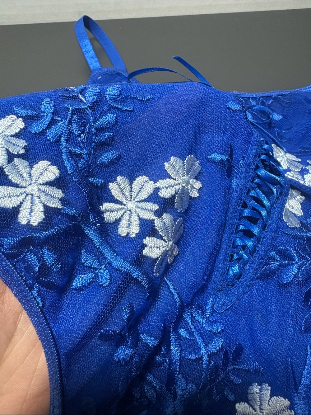 Blue Floral Embroidered Lace Lingerie Bodysuit - Picture 4 of 7